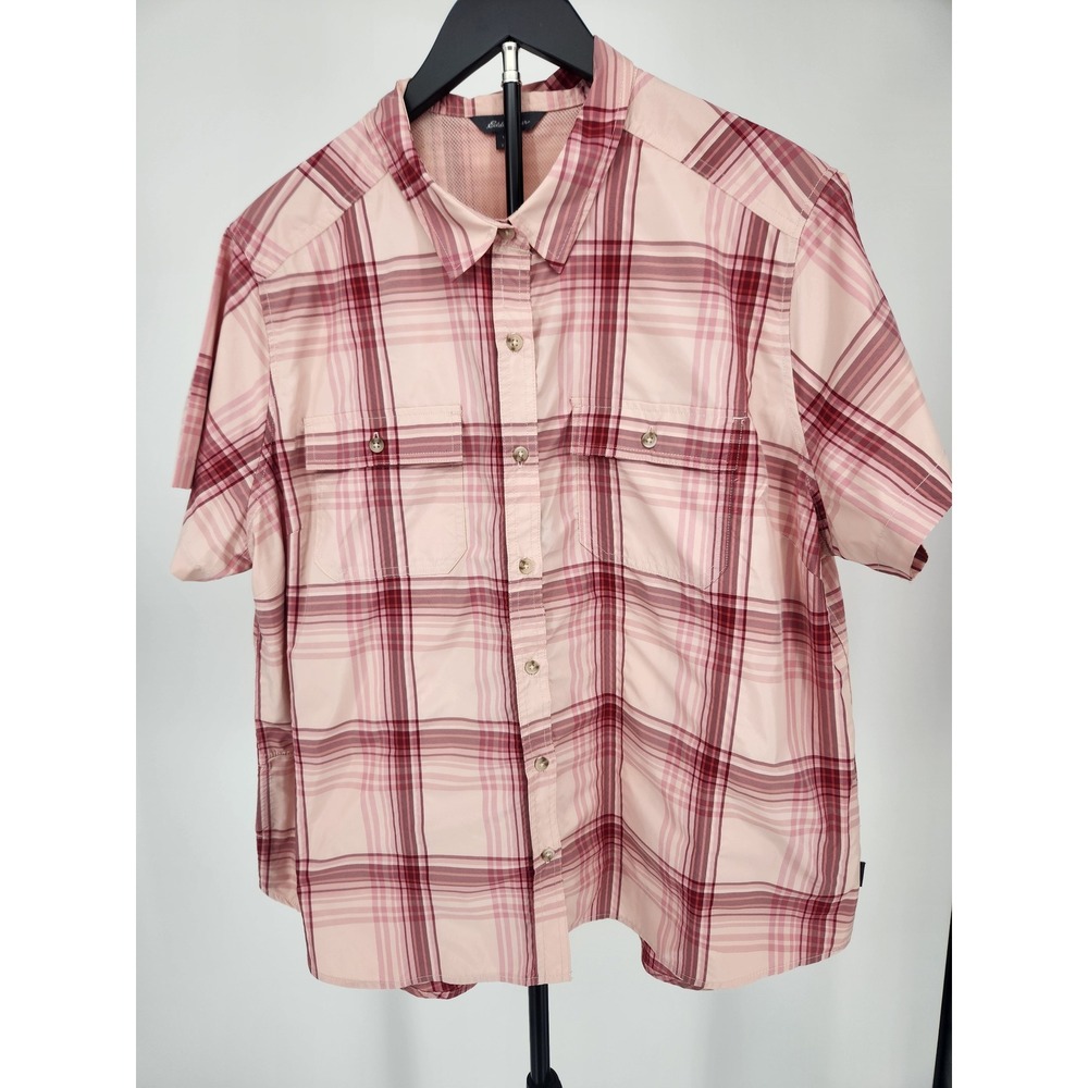 Eddie Bauer Pink Plaid Short Sleeve Button Up Shirt Womens XXL EB004068